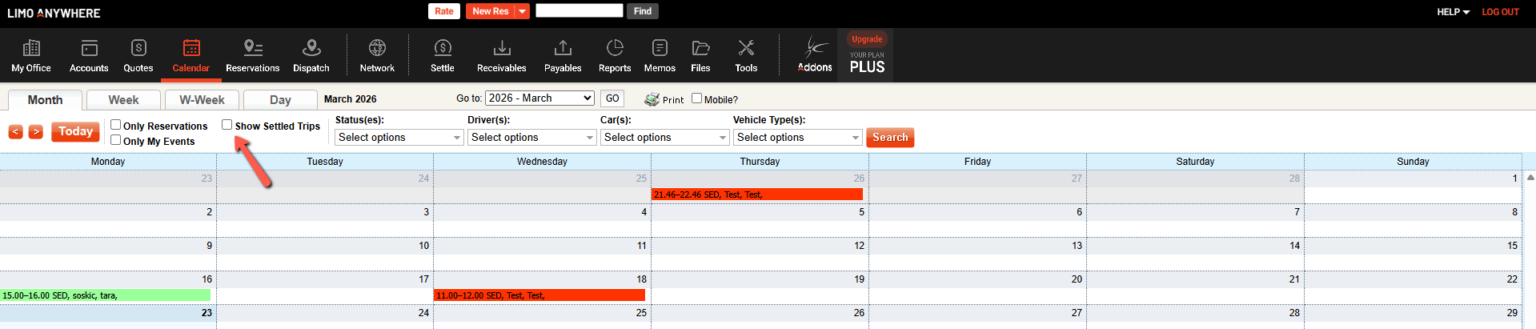 Show Settled Trips checkbox in Limo Anywhere Desktop calendar